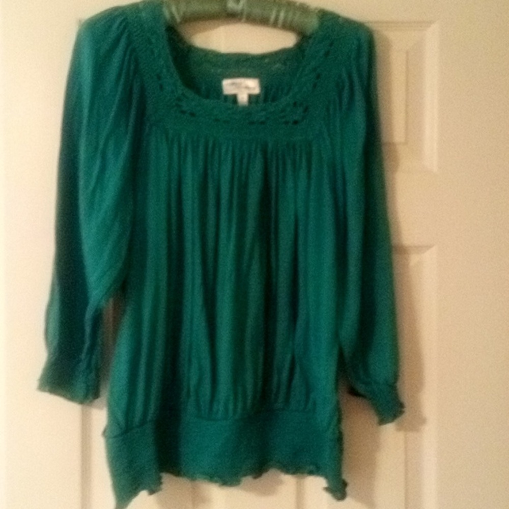 Allison Brittney Green Smocked Ruffled Blouse 3/4 Sleeve 1X - Picture 8 of 8